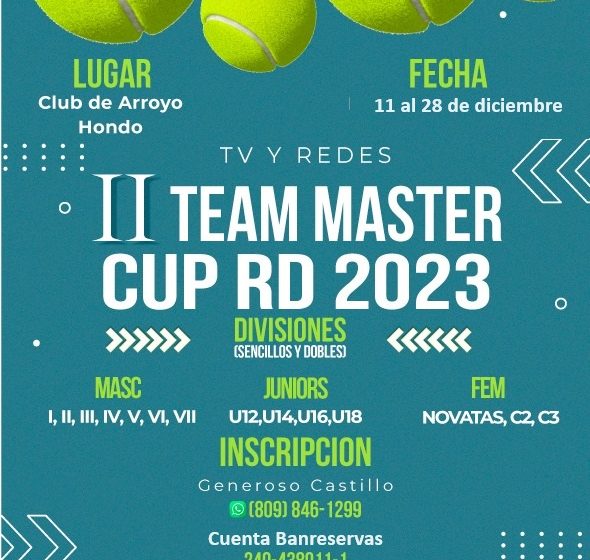 Torneo de Tenis Team Master Cup RD inicia 11 de diciembre en Club Arroyo Hondo