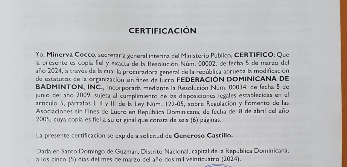 Procuraduría General de la República aprueba Reformulación estatutos Federación Dominicana de Bádminton