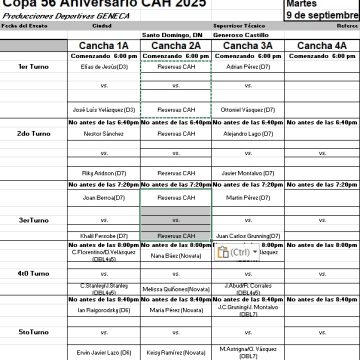 Calendario de juegos martes 9 de septiembre del Tenis de Campo la Copa 56 Aniversario CAH